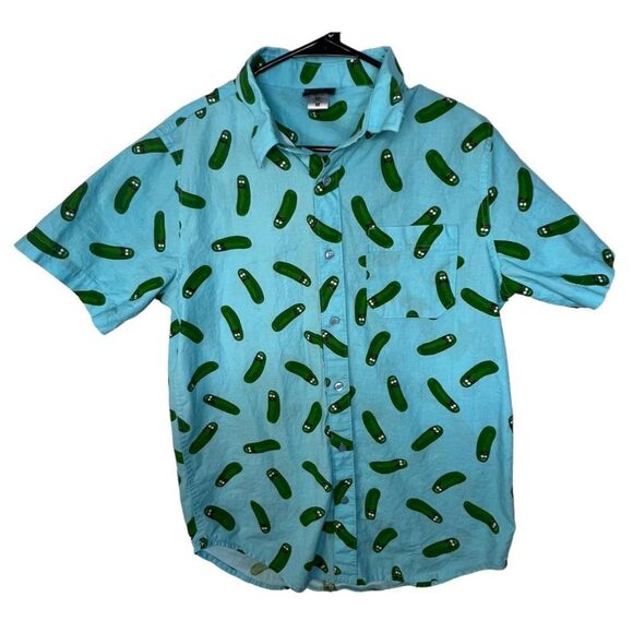 Rick And Morty Pickle Rick Patterned Button Up Short Sleeve Shirt - Picture 1 of 5